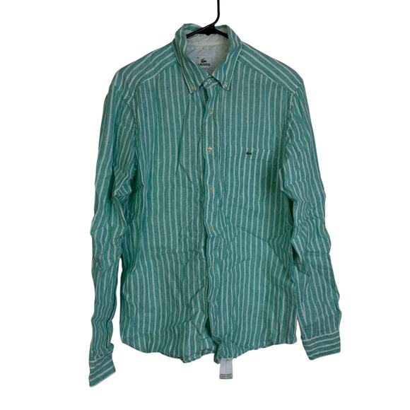 Lacoste Linen Shirt Mens 41 Green Striped Long Sleeve Button Up Resort Beach - Picture 1 of 9